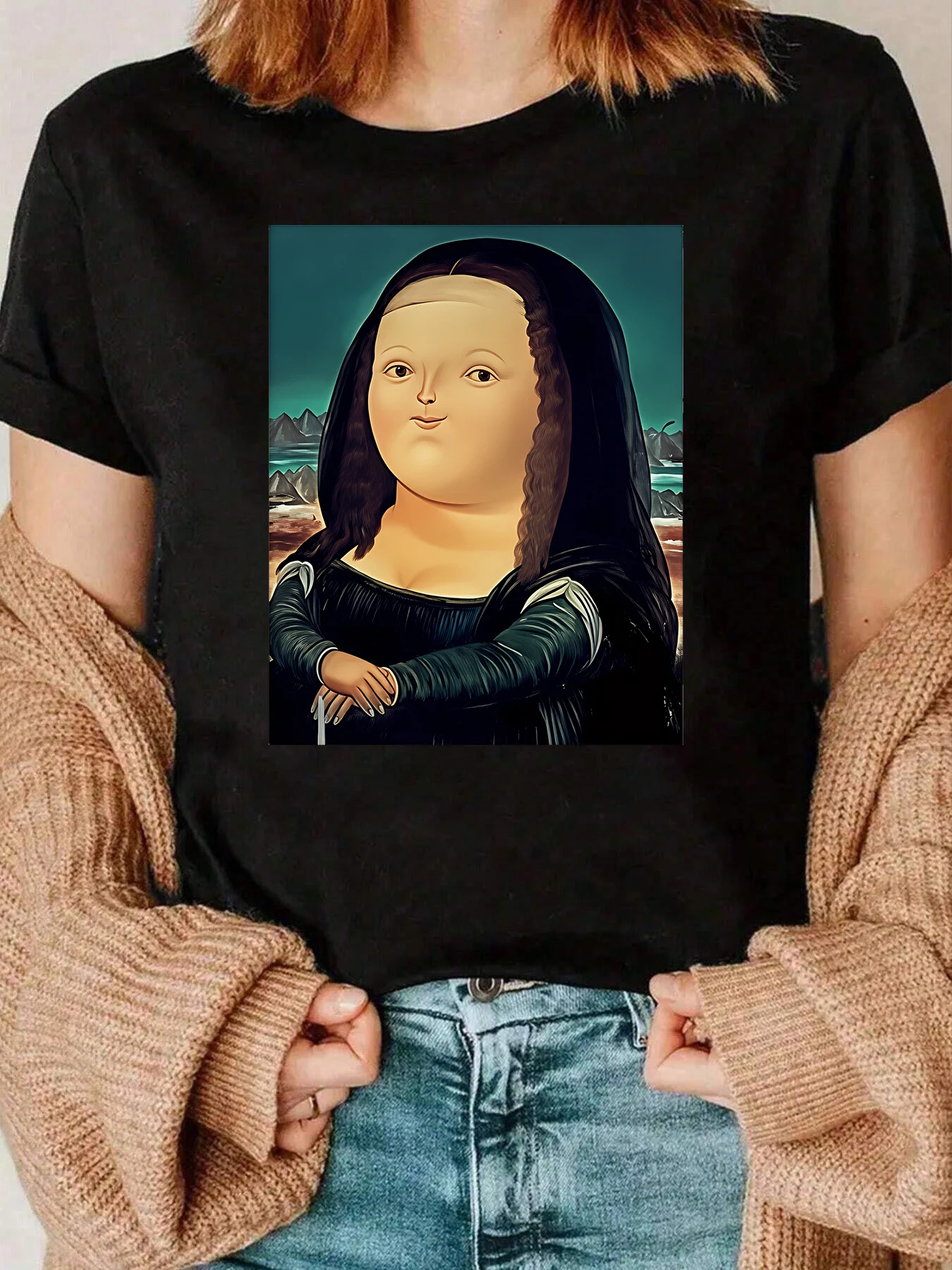 모나리자 아트 프린트 티셔츠 할로윈 캐주얼웨어 여성용 220g
