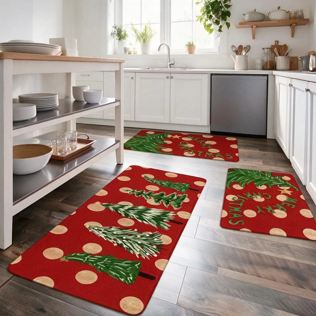 Christmas Kitchen Floor Mat Square Plush Flannel Rug Soft Fluffy Non Slip Water Absorbent Carpet for Bathroom Entryway Toilet