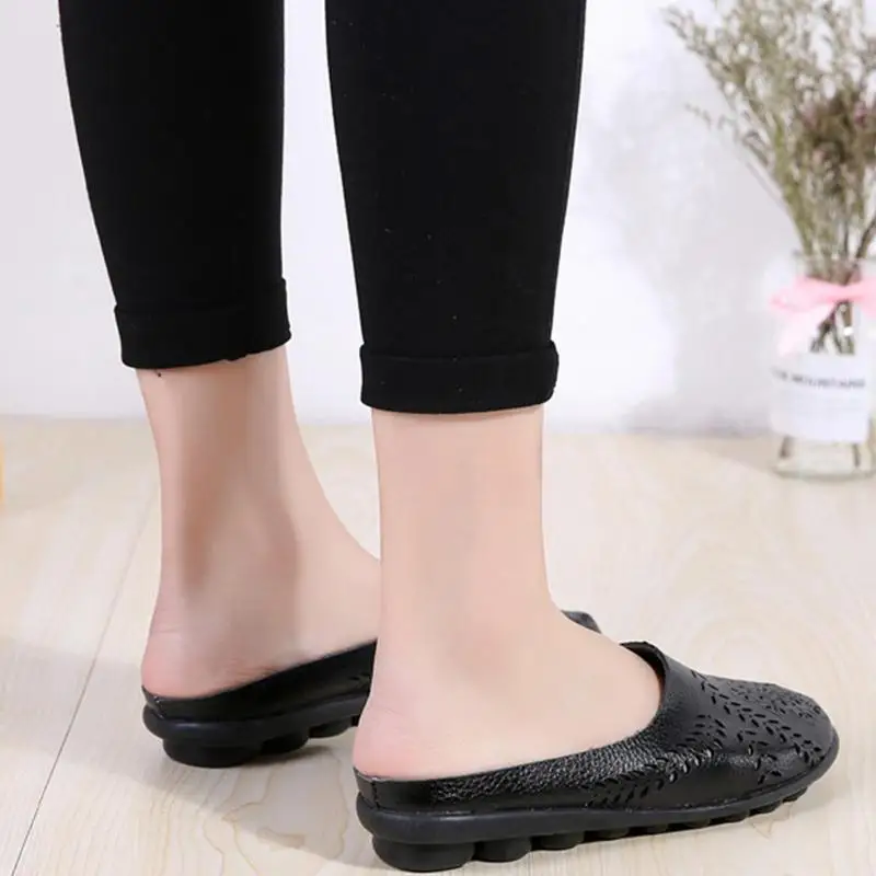 Casual All-match Hollow Slippers House Summer Slippers Leather Loafer Mules Sandals Flats For Women Comfortable Slip-on Loafer