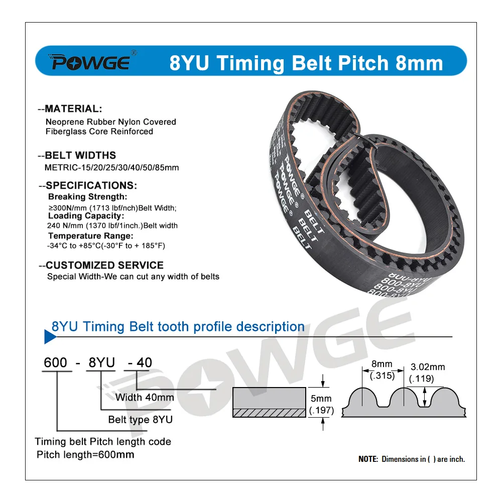 POWGE 2PCS 8YU Timing belt Lp= 480 520 560 600 608 616 632 640 656 664 680 704 720 728 736 744 760 768 776 784 Width 10mm-80mm