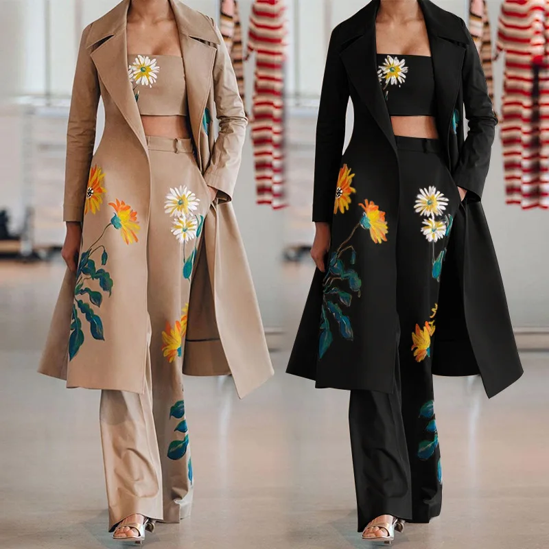 2023 Womens Vintage Printed Set Trench Coat with Crop Tank and Long Pants Flower Print 3 Piece Sets Fashion Women Sets Clothes