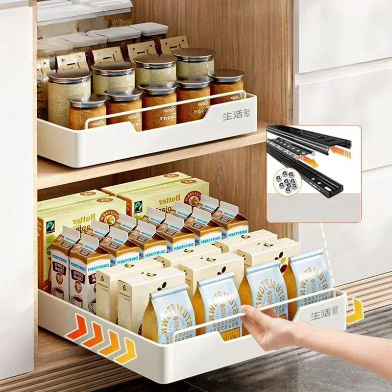 

Kitchen Storage Rack with Slide Rails Pull-out Kitchen Drawer Type Storage Tray Spice Box Trays Storage Rack Cabinets Organizer