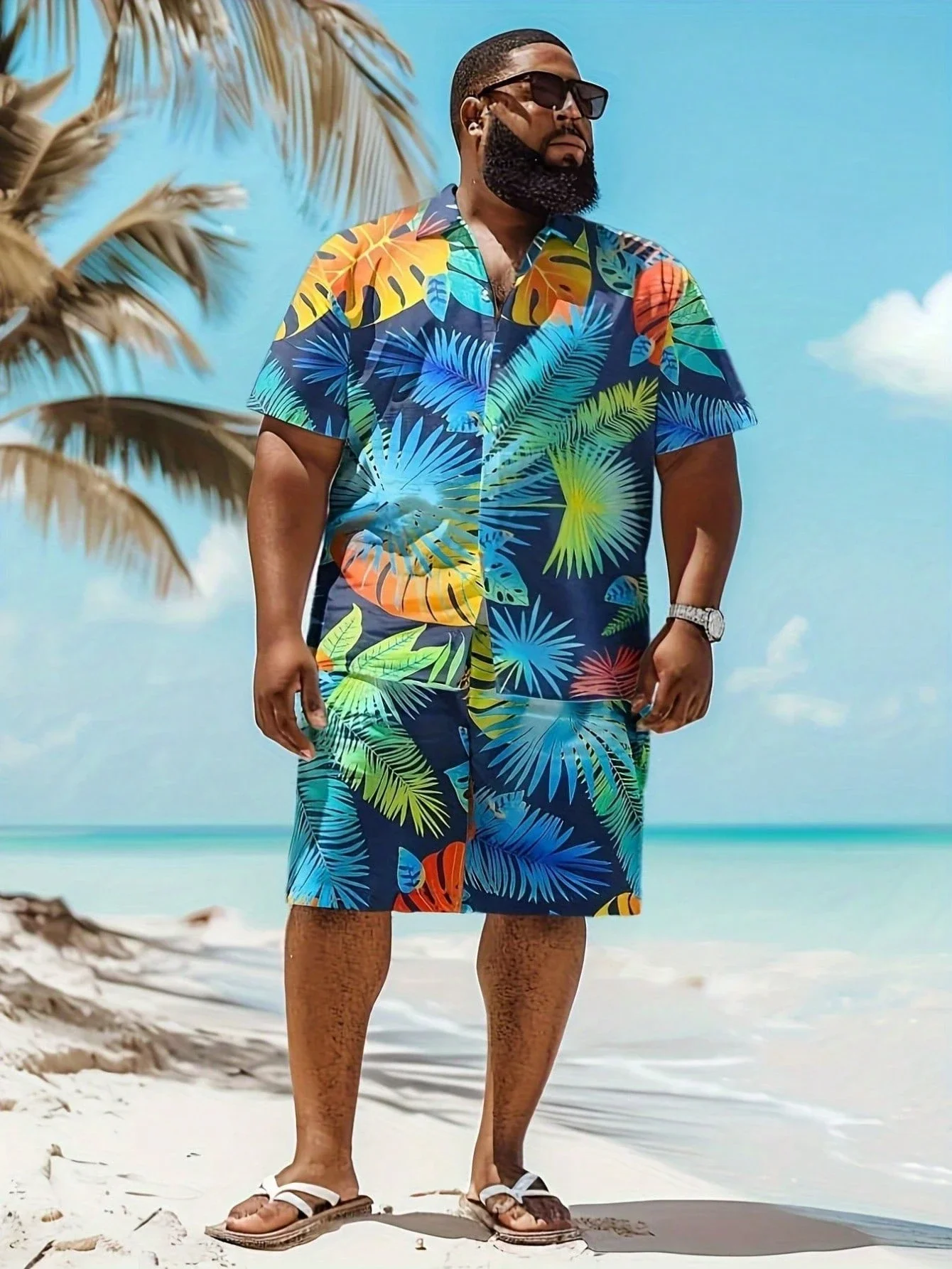 Plus Size Men's Digital Print Shirt And Shorts Set Casual Beach Outfit
