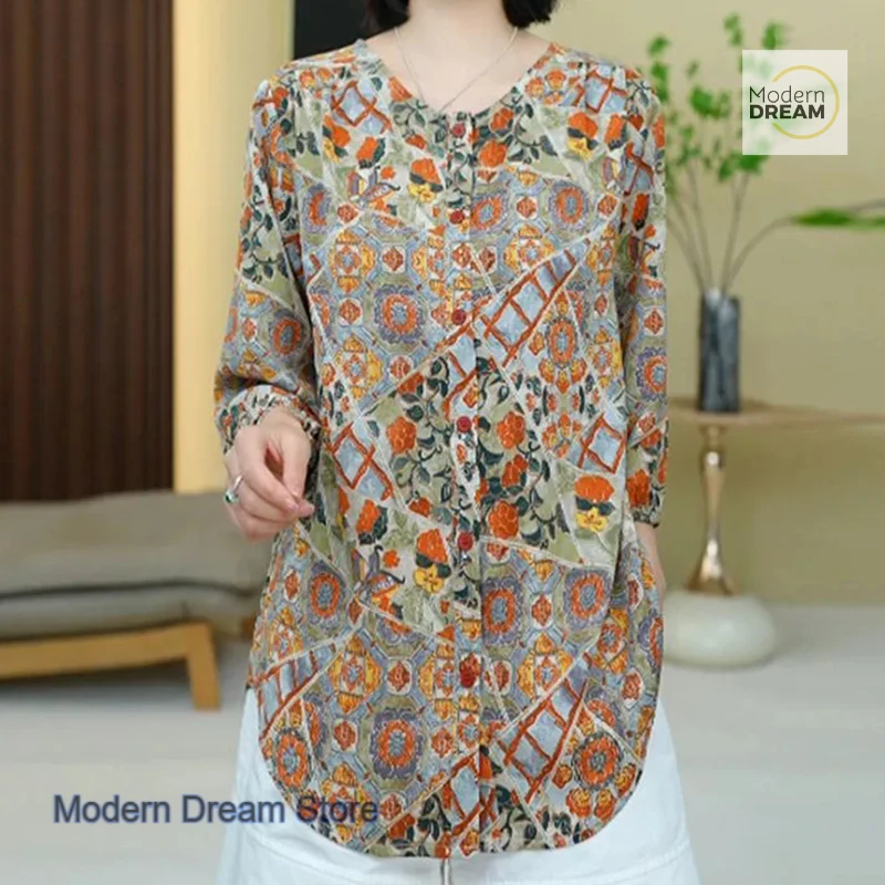 French style design floral age-reducing light luxury round neck shirt women's summer new fashion plus size loose slim cover top