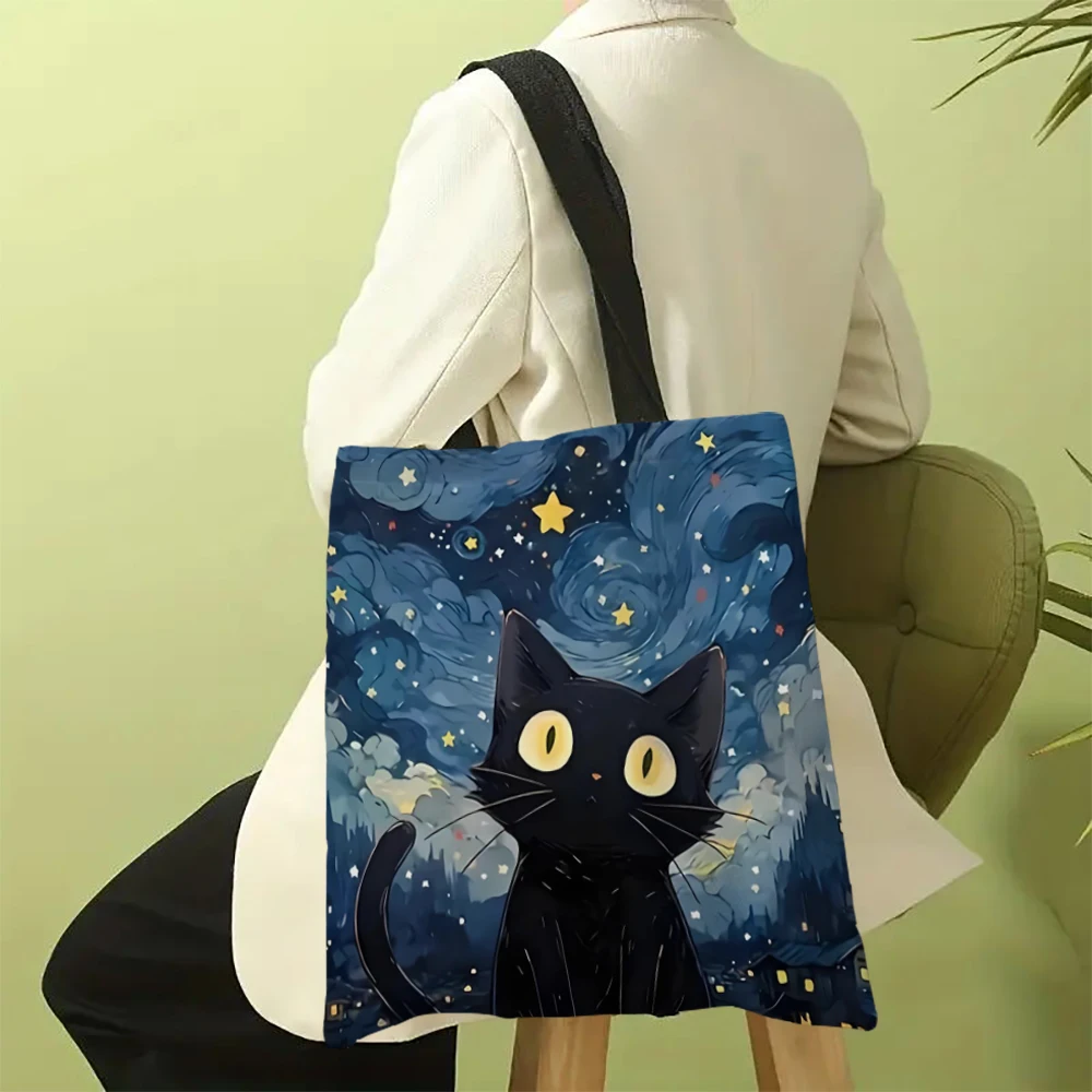 Van Gogh Black Cat Tote Bag Flower Portable Casual Eco Handbag Shopping Bag Design Books Everyday Use School Handbag