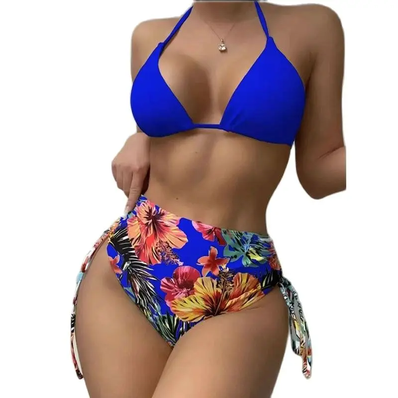 Set bikini con protezione solare da donna, costume da bagno a vita alta, stampa copricostume a maniche lunghe, costume da bagno da spiaggia, costumi da bagno estivi, 3 pezzi