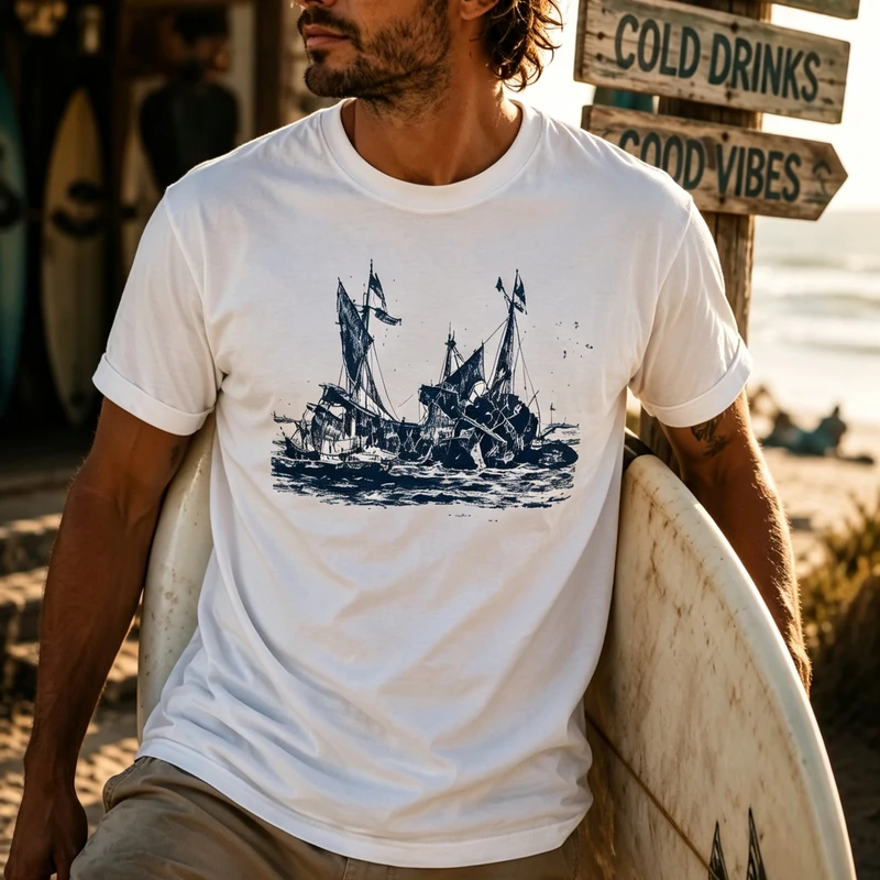 Retro Nautical Naval Battle Ship T Shirt and Ocean Waves Graphic Tee Cotton Short Sleeve Sea Adventure Beach Streetwear Y2k Top