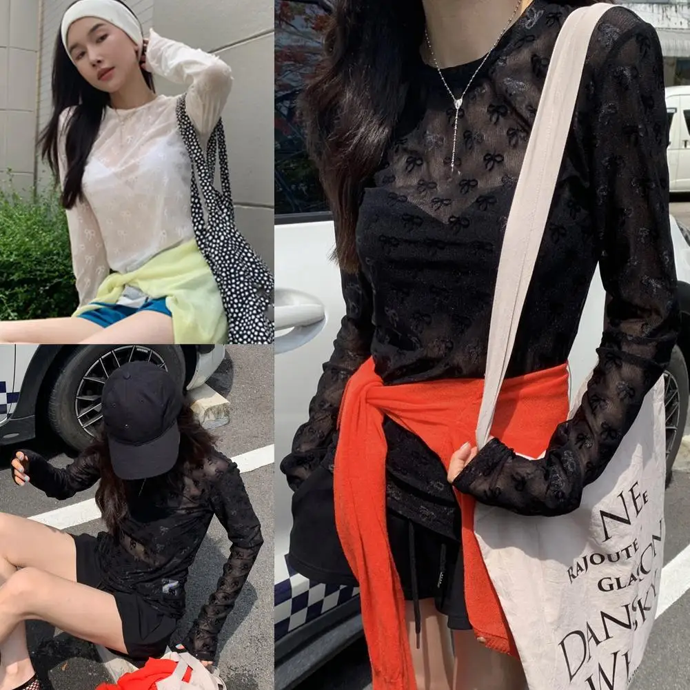 Vintage See Through T Shirt Women White Y2k Fairycore Sleeves Crop Tops Streetwear Long Bow Korean Mesh Style Women Tops Sh S7P4