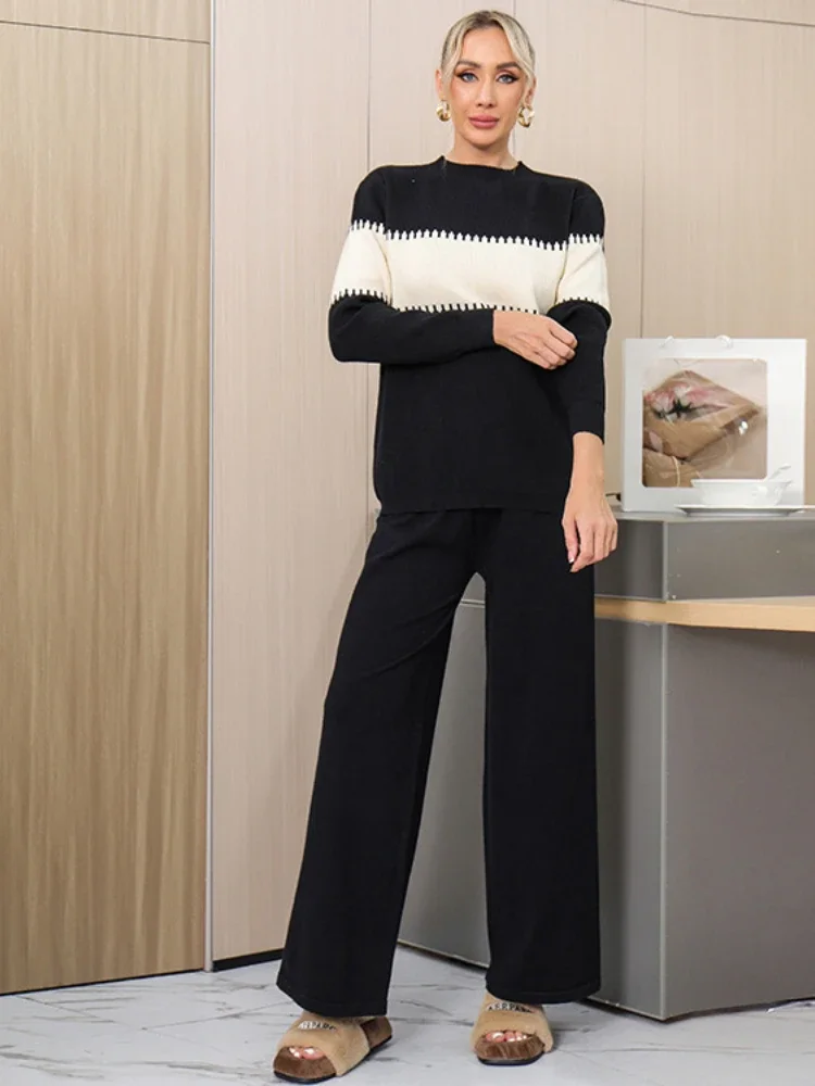 Women Two Piece Pant Sets Knit Striped Sweater Full Sleeve o Neck Wide Leg Pants Elastic Waist Solid Casual autumn winter 2024