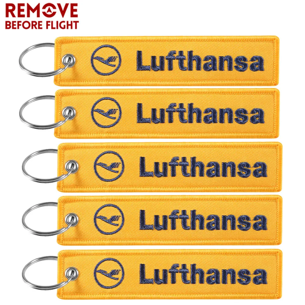 5 PCs Yellow Blue Lufthansa Keychains Trinket Embroidery Key Tag Label Keyring Flight Crew Pilot Llavero Key Chain for Aviation