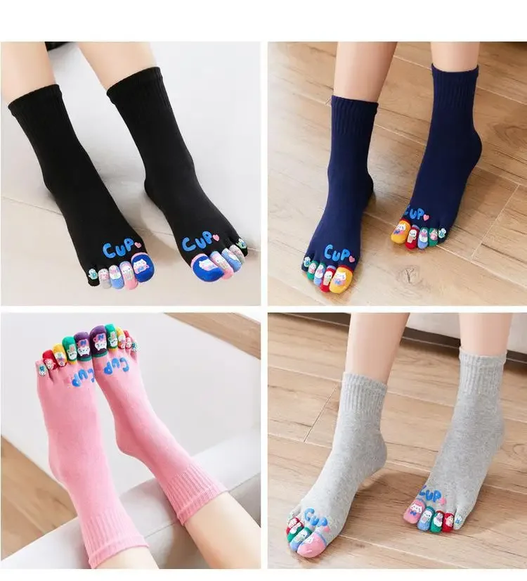 4 Pairs Five Finger Socks Women Cotton Colorful Finger Cartoon Cute Short Tube Japanese Mid Tube Split Toe Cotton Socks