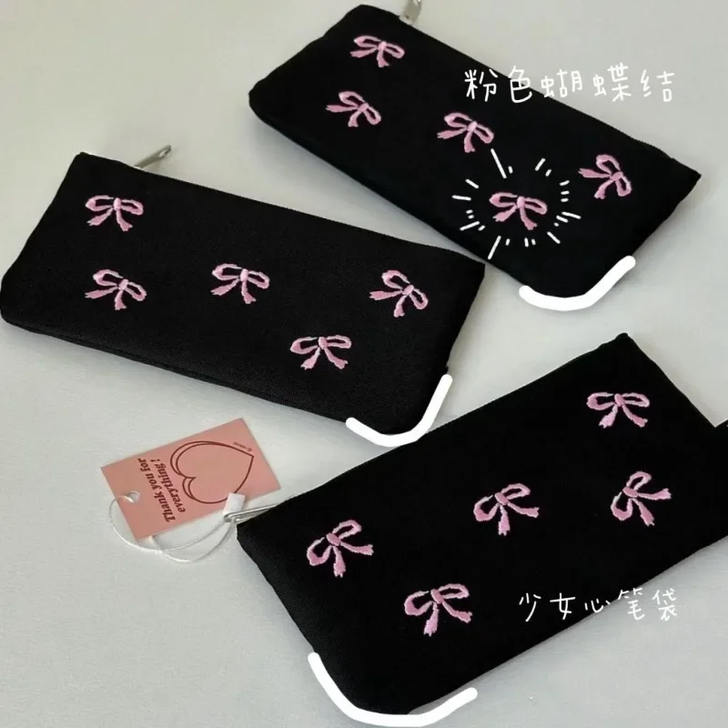 New Canvas Cute Embroidered Bag Bowknot Square Shape Cosmetics Bag Lovely Print Pencil Case back to school