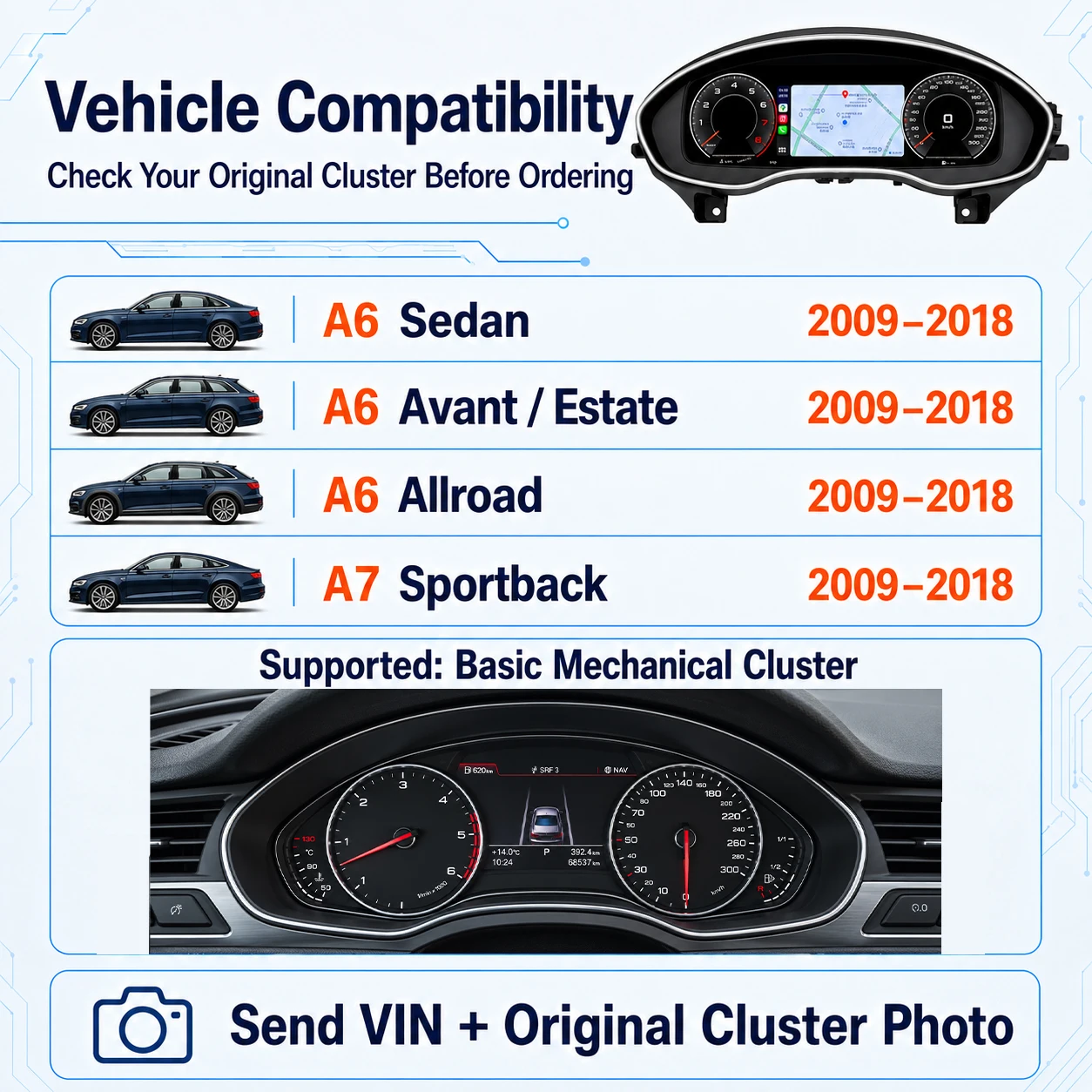 AUTOTOP, écran numérique de 12,3 pouces pour tableau de bord d’Audi A6 A7 (2009-2018), écran LCD 1920x720, tableau de bord virtuel, CarPlay et Android Auto sans fil, AirPlay et HiCar sans fil, sortie HDMI, navigation, conservation des informations d’origine, plusieurs thèmes d’affichage, mise à niveau facile (plug & play).
