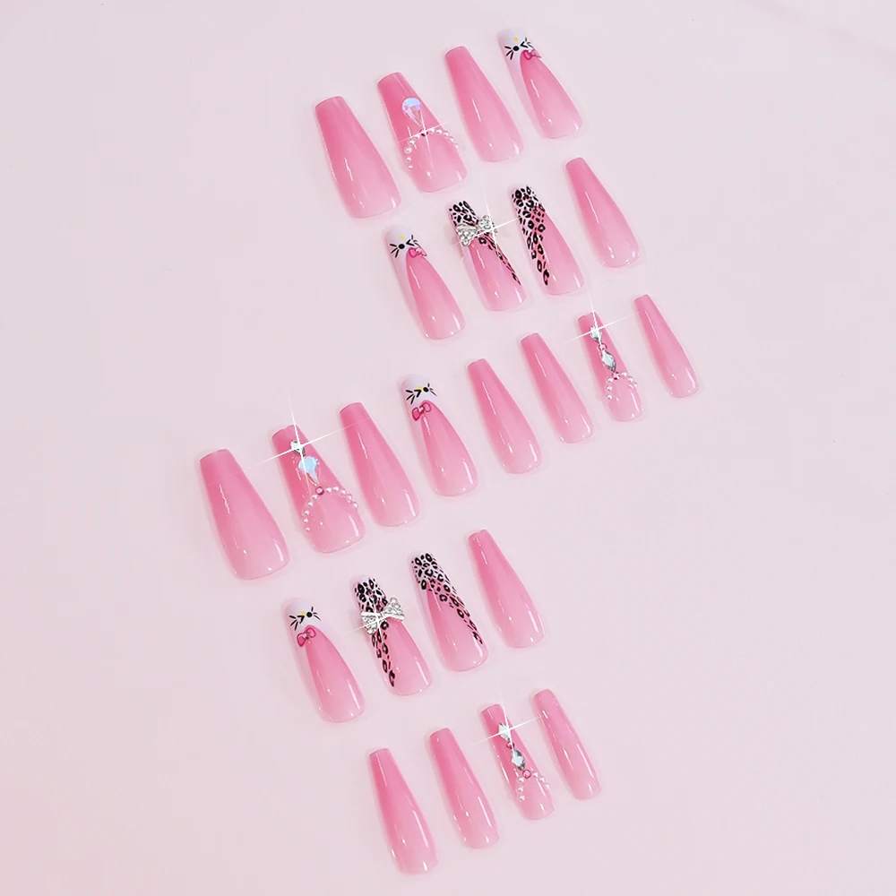 24개입 엑스트라 롱 관 모양 핑크 레오파드 프린트 가짜 손톱 귀여운 고양이 얼굴 리본 프레스온 네일 반짝이는 라인스톤 여성용 인조 손톱