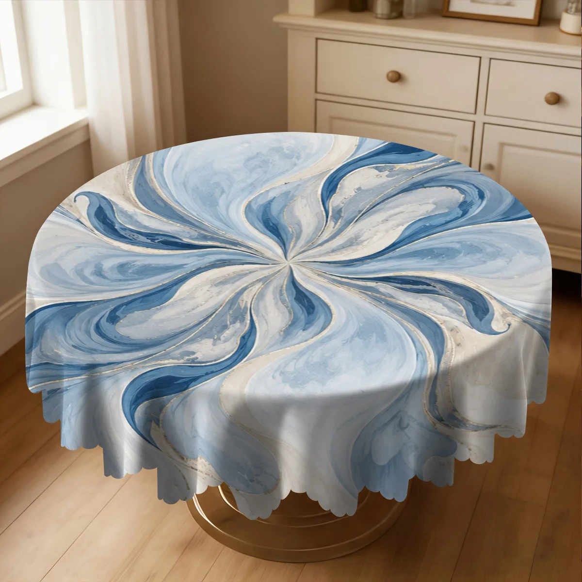 One-piece blue and white fluid marble-patterned art design tablecloth, suitable for Mother's Day and Father's Dayzyc