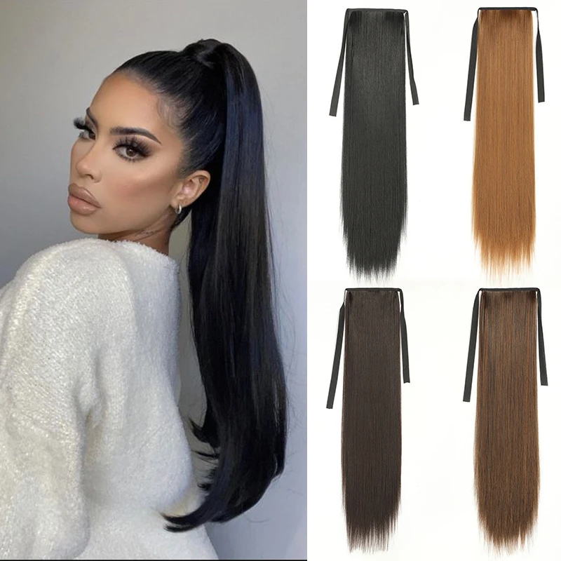 

Long Straight Ponytail Hair Extension Synthetic Fake Tail for Women Daily Use Black Straight Hairpiece Horse Tail Heat Resistant