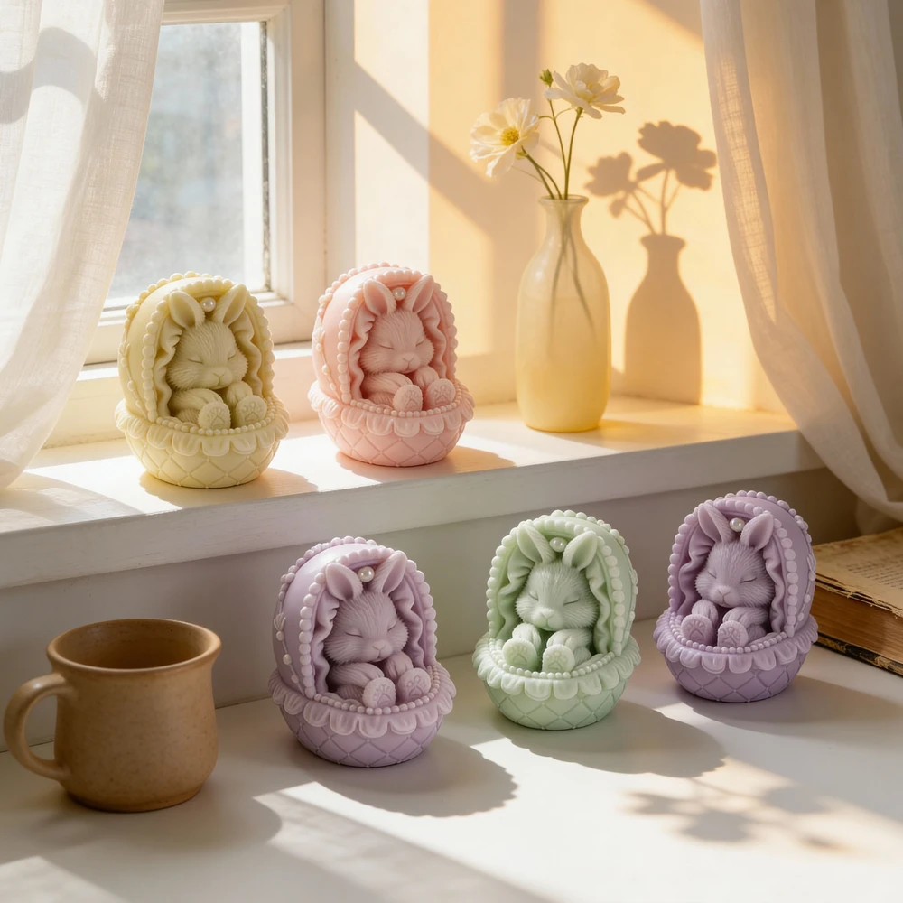 Easter Home Decoration Rabbit Candle Mold Cute Rabbit in Cradle Candle Silicone Mold Bunny Silicone Soy Wax Mould