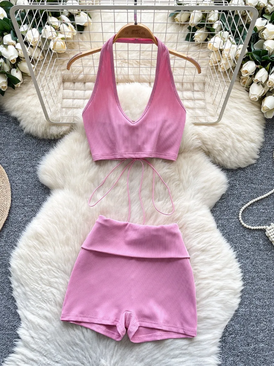 

Foamlina Повседневный спортивный розовый милый укороченный жилет с лямкой на бретельках Топ и узкие облегающие шорты Комплект из двух предметов Комплект одежды Pure Desire