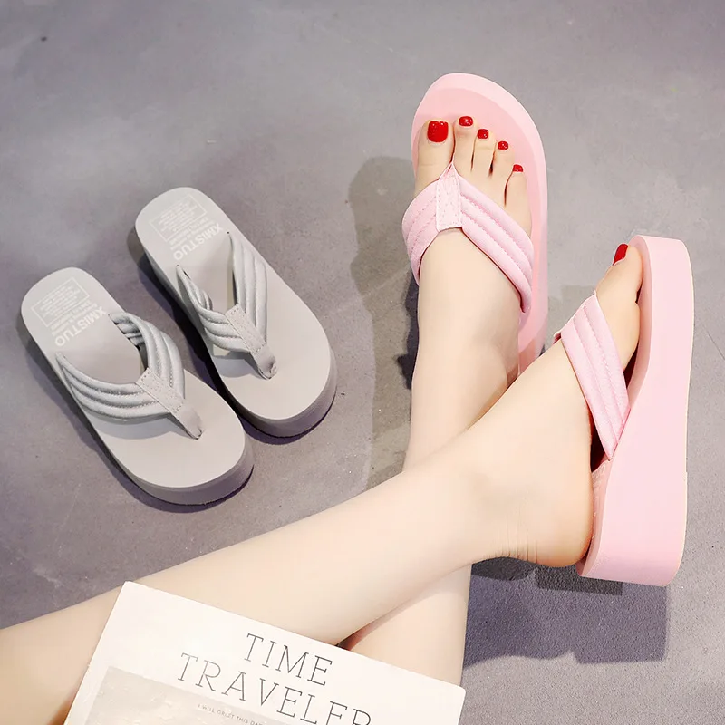 5cm High Heel Women's Summer Flip-flops Women Wear Fashion High-heeled Platform Sandals Women's Seaside Non-slip Flip-flops