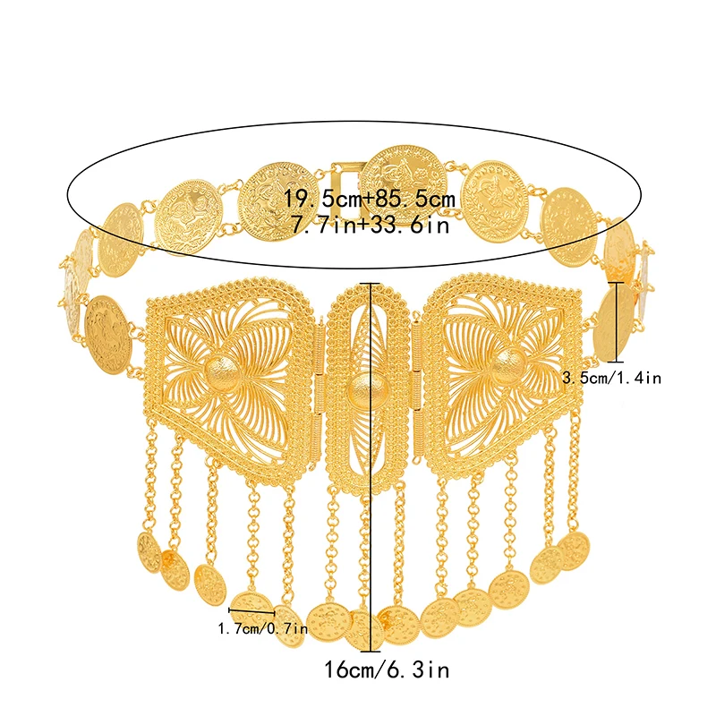 Позолоченная цепочка на талию, металлический кулон с монетами и цветами, Арабская цепь для халата, ювелирное украшение для свадьбы