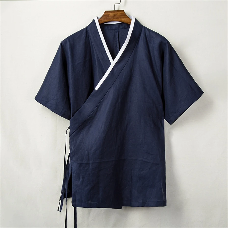 Summer Cotton Linen Shirts Mens Chinese Style Hanfu Cardigan Harajuku Vintage Casual Blouse Loose Short Sleeve Shirts Kimono