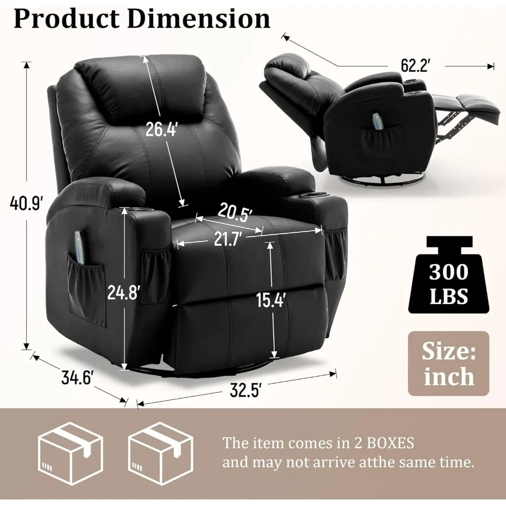 Fauteuil, schommelstoel met massage en warmte, 360° °   Draaibare fauteuils, handmatige schommelfauteuil met afstandsbediening