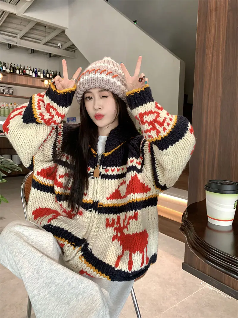 Korejpaa Autumn Winter Coat Knitted Cardigan Christmas Zipper Reindeer Sweater Cardigans Versatile Warm Ladies Top Jacket