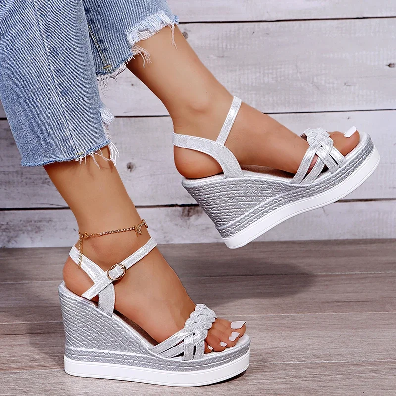 Women\'s Chunky Wedge Peep Toe Sandals 2023 Summer Fashion  Buckle Roman Style Platform Gladiator Sandals Silver Rubber Soft Sole