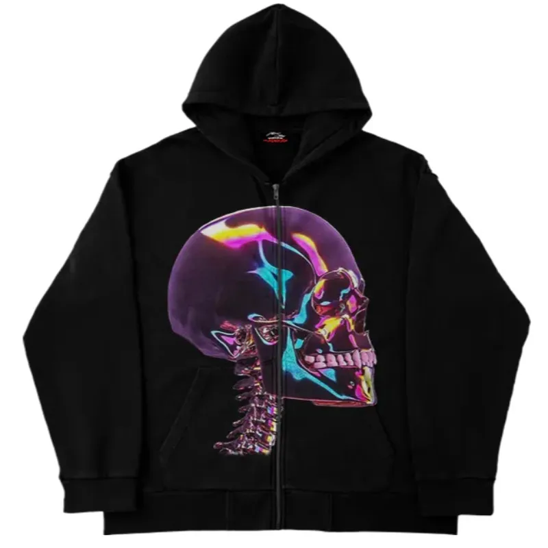 Y2k Women\'s Winter Hoodies Pullover Long Sleeve Oversize Streetwear Dark Skull Print Zipper Casual Top Vintage Sweatshirt 2024