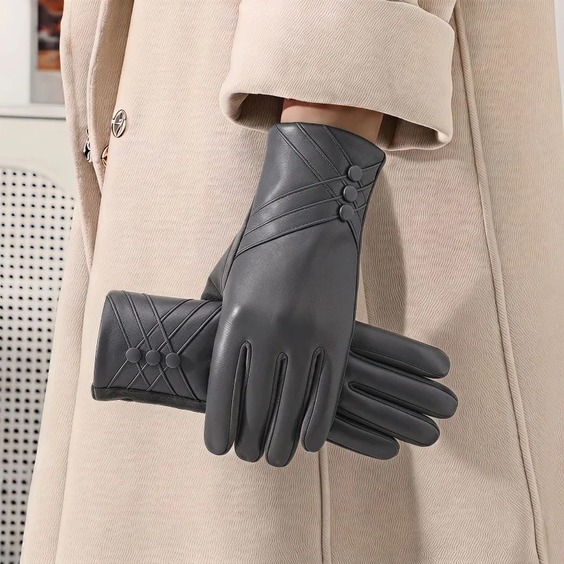 Autumn Winter Womens Fashion Leather Gloves Outdoor Cold Resistant Windproof Thickened Thermal Fleece Lined protective gloves