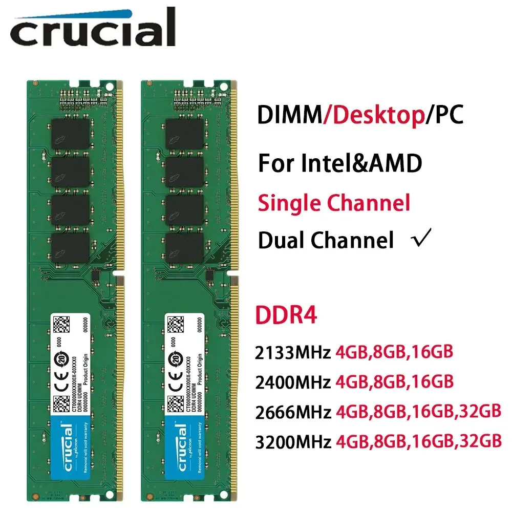 Crucial Desktop PC DDR4 RAM 32GB, 16GB, 8GB, 4GB 2133, 2400, 2666, 3200MHz PC4-21300, 25600, 19200 DIMM Single and Dual Channel