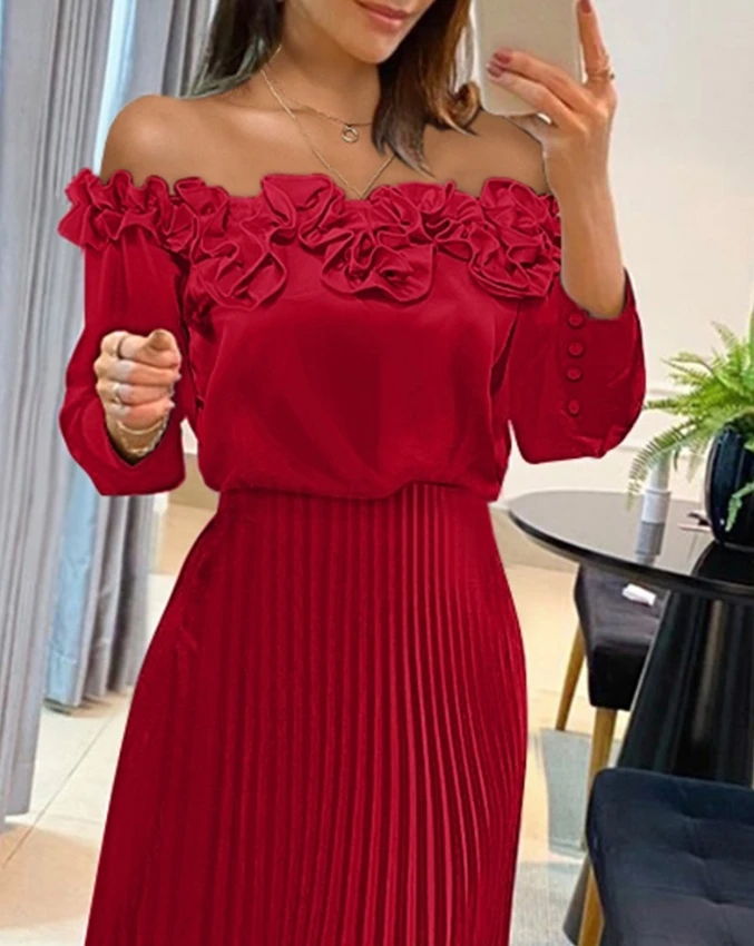 Women's Elegant Dress 2024 Spring Summer Latest Casual Off Shoulder Frill Hem Pleated Midi Dress Long Sleeve Button Long Skirt