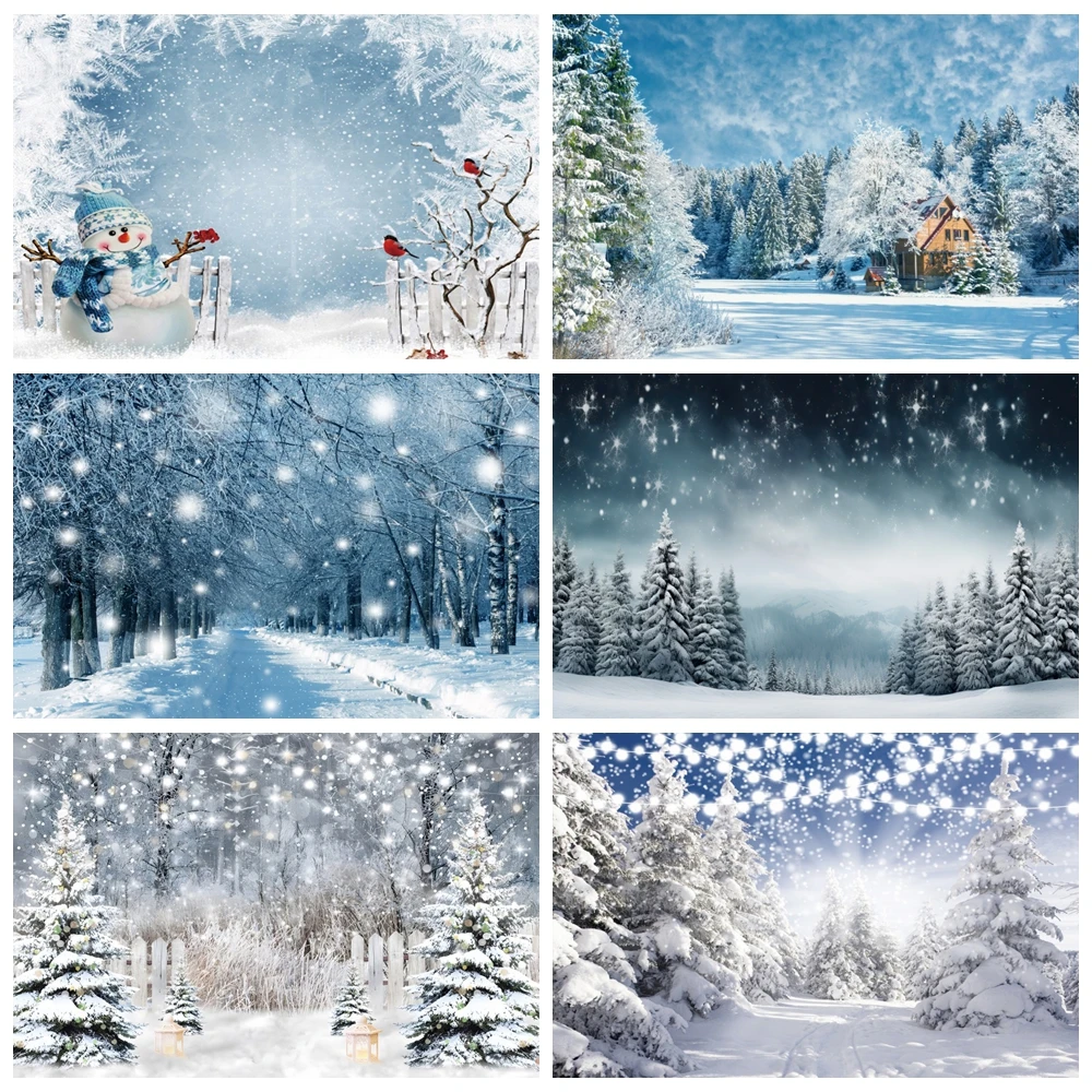 

Winter Forest Backdrops Christmas Snow Scene Pine Tree Snowflake Snowman Baby Portrait Family Party Photography Background Decor