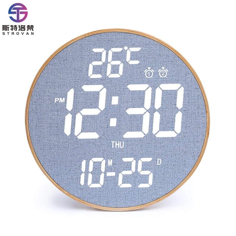 

12inch Large Bamboo Wooden LED Wall Clock Perpetual Calendar Smart Electronic Alarm Remote Controls for Living Room