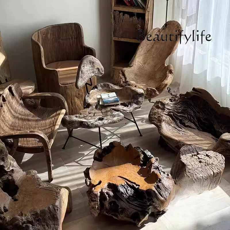 

Log sofa back chair Outdoor solid wood root carved stool Indoor home master stool Balcony chair