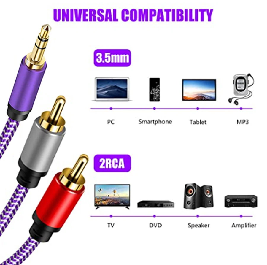 20m RCA long Cable 3.5mm to 2RCA Splitter RCA Jack 3.5 Cable RCA Audio Cable for Smartphone Amplifier Home Theater AUX Cable RCA