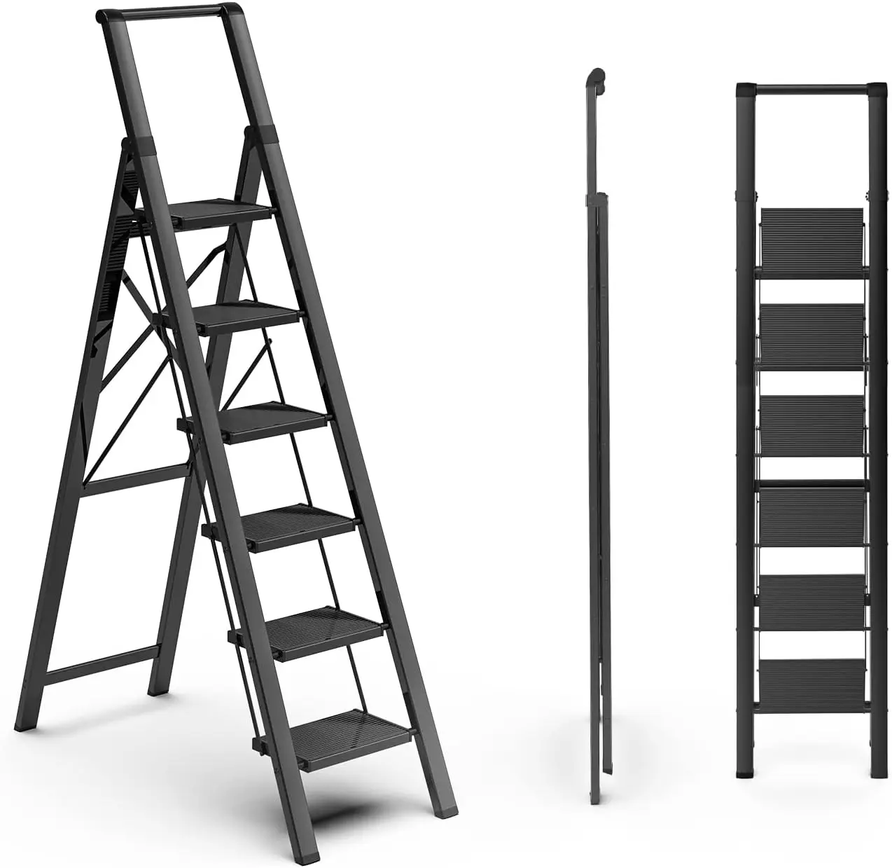 6 Step Ladder for 12 Feet High Ceiling, Folding Step Stool with & Anti-Slip Wide Pedal, Portable Lightweight Aluminum