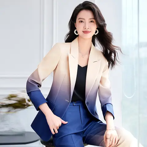 여성용 그라데이션 컬러 프린트 싱글 단추 블레이저 플레어 바지, 하이 스트리트 최신 패션 2024 디자이너 세트 세트, 세트