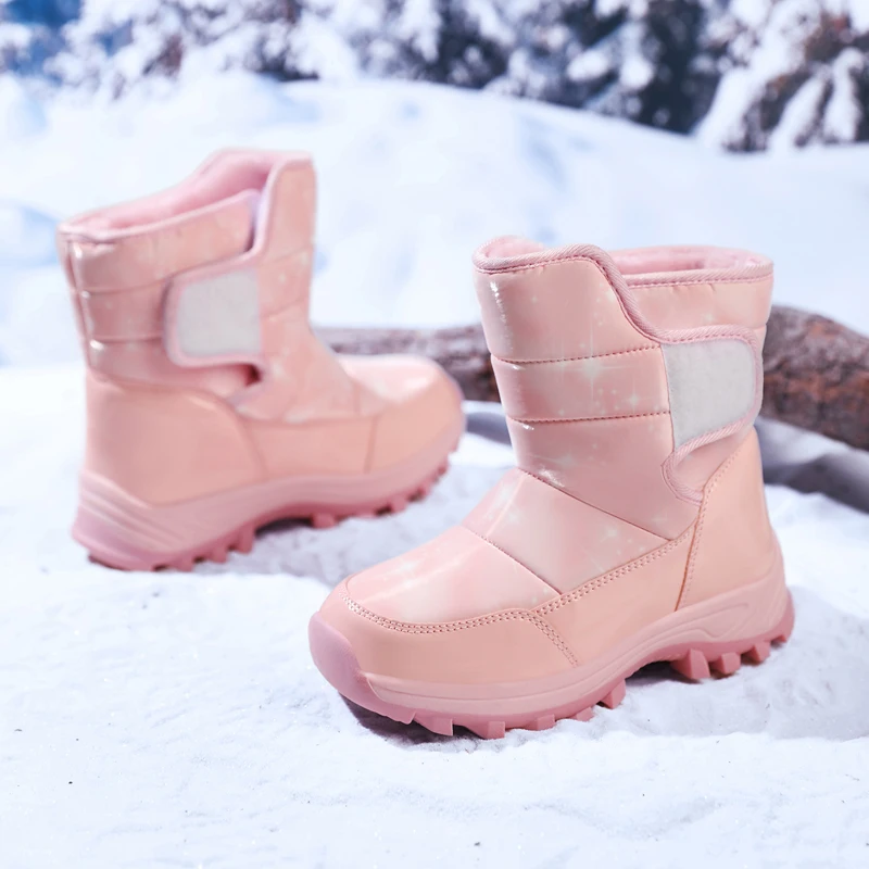Kids Winter Snow Boots Waterproof Shiny Upper Warm Fleece Lined Mid‑Calf Boots Magic Tape Anti‑Slip Sole Girls Outdoor Snow Shoe