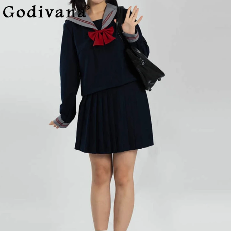 

Japanese JK Uniform COS Anime Spring Autumn Long Sleeve Navy Collar Shirt Girl Versatile Age Reduction High Waist Pleated Skirt
