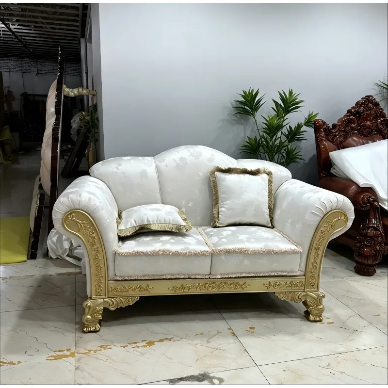 French Luxury Sofa Set Neoclassical Villa Custom European Solid Wood Frame Carved Cloth Sofa Sponge Filling L-Shape Tufted Back