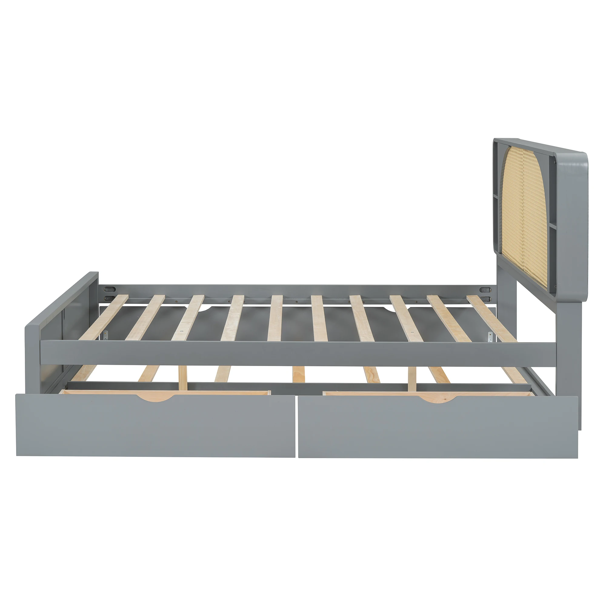 US Queen Bed Frame With Rattan Headboard And Pull Out Trundle, Bed Frame With 2 Storage Drawers And Strong Wood Slats Support