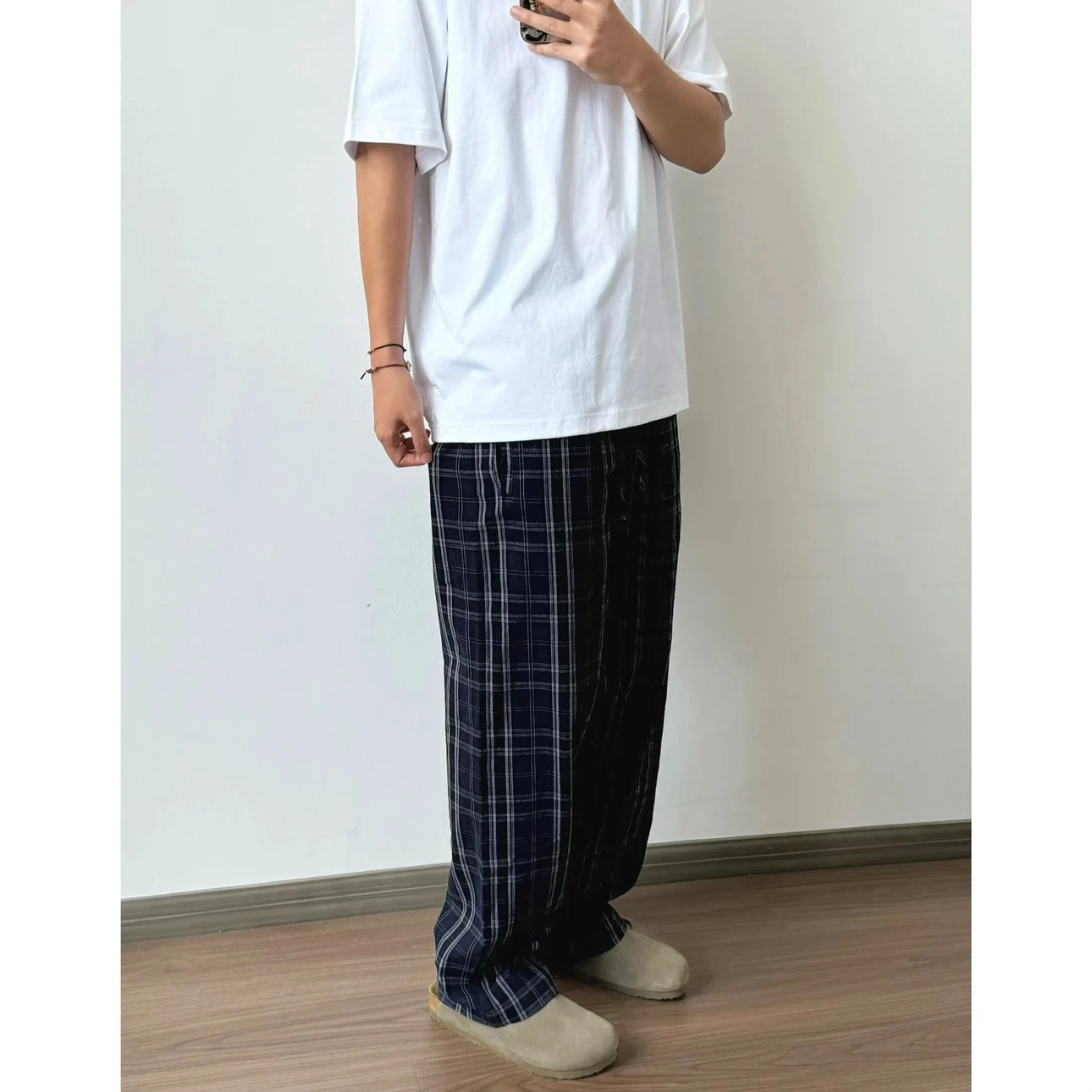 

Loose Men's Plaid Texture Casual Pants Parisian Sle Retro Versatile Long Trousers Comfortable Fit High Waist Straight Leg
