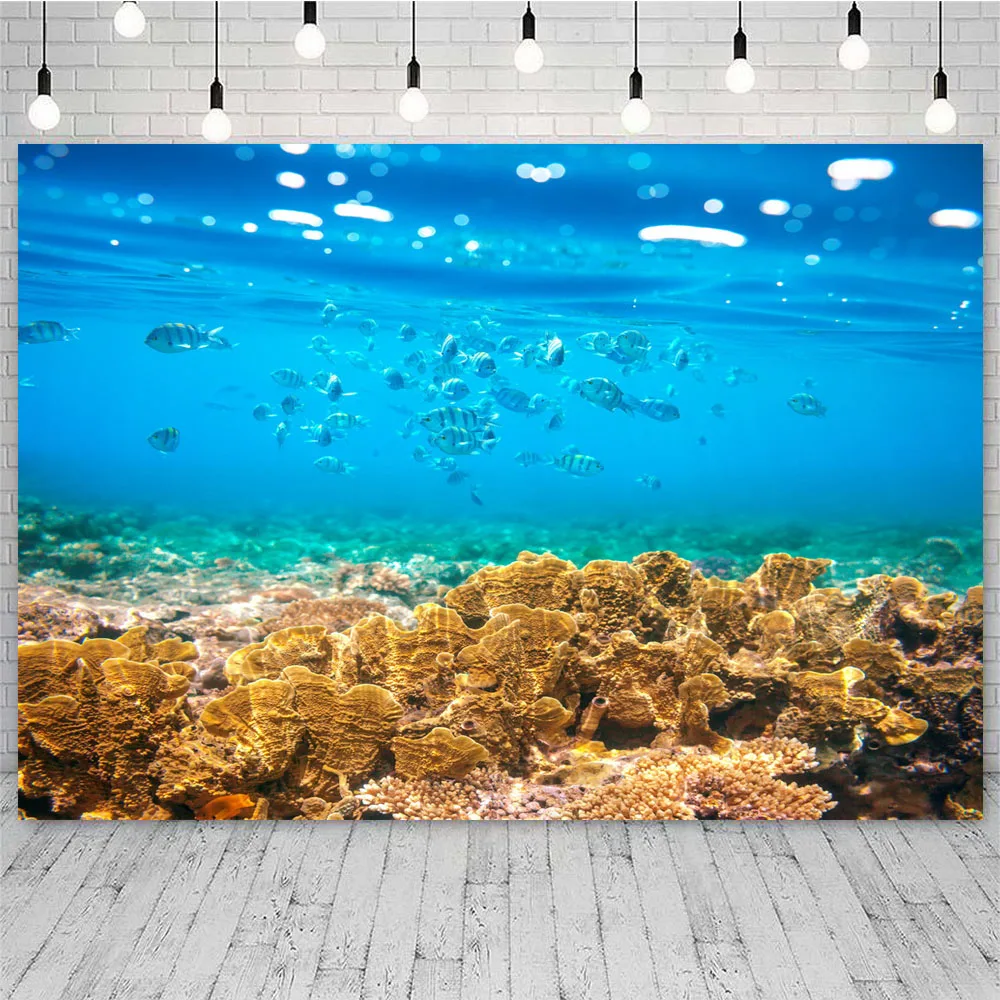 Ocean Undersea Shark Fish Backdrop Underwater World Seabed Coral Baby Birthday Party Decor Photography Background Photo Studio