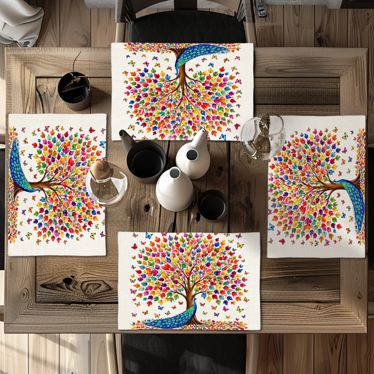 Gorgeous Lotus Pattern Polyester Placemats, Set of 4 - Stylish Table Mats for Dining, Home Restaurant Table Decoration
