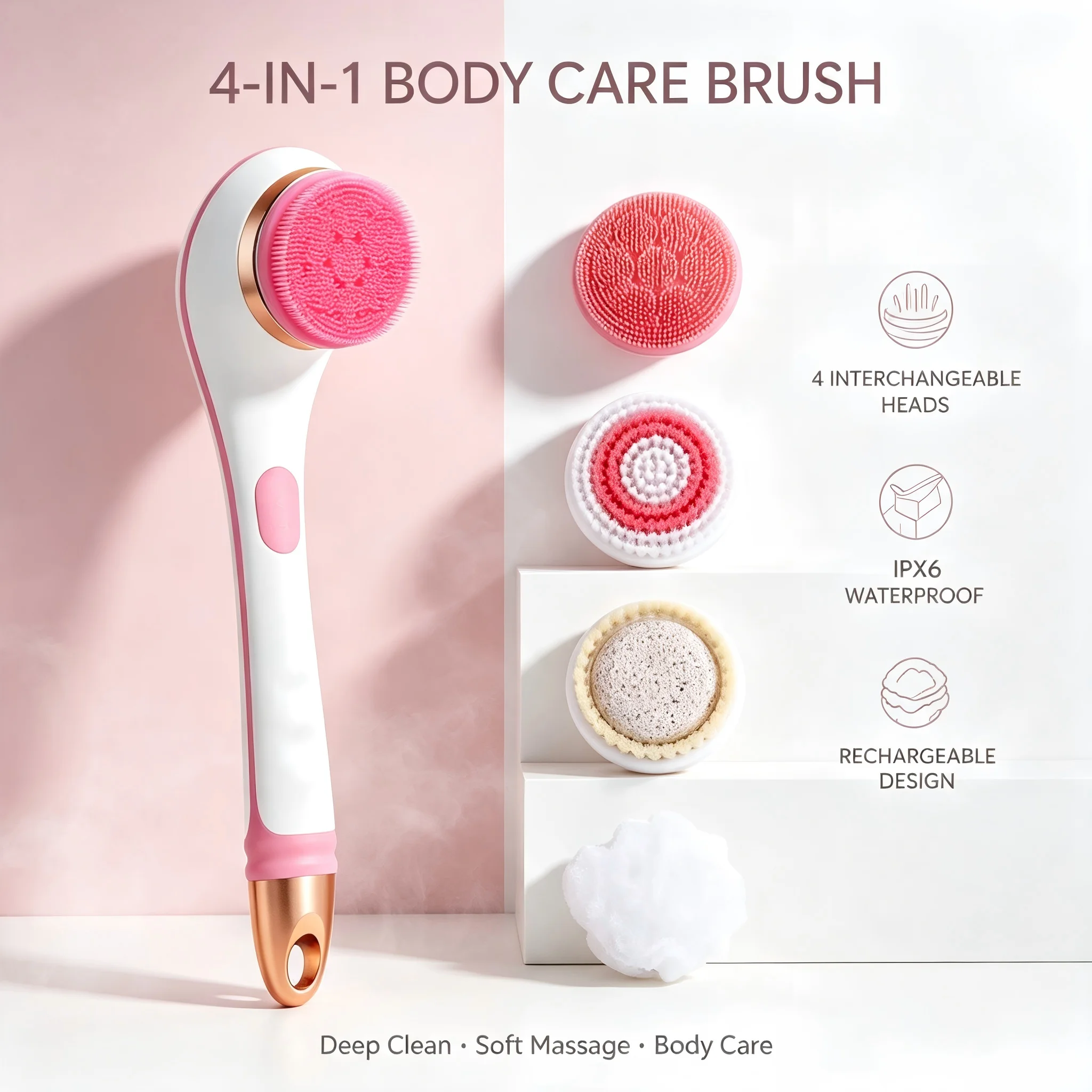 Electric Body Scrubber Shower Brush 4 Interchangeable Heads Rechargeable Bath Brush IPX6 Waterproof Body Massager Deep Cleaning