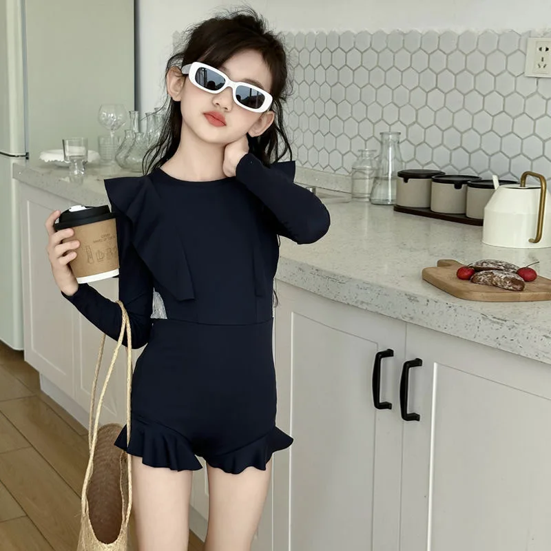 Meisjes Badmode Zomer Nieuwe Koreaanse Mode Eenvoudige Effen Kleur Hol Lange Mouw Zonnebrandcrème Badpak Kinderkleding