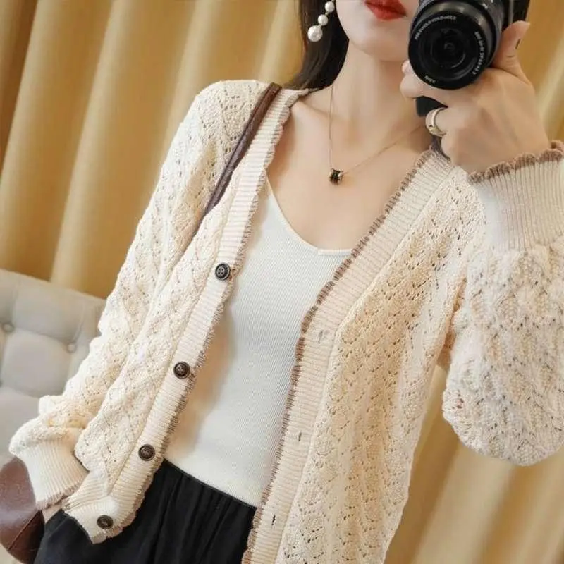 Spring and Autumn New Versatile Knitted Cardigan Coat Women\'s Thin Hollow Loose Large Size Western-style Solid Color Women\'s Top