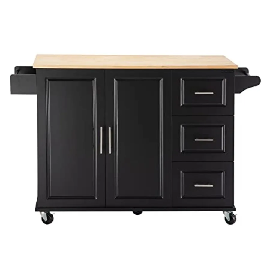 

Черная мобильная кухонная тележка-остров с столешницей из каучукового дерева, регулируемой полкой и шкафчиком, на колесиках