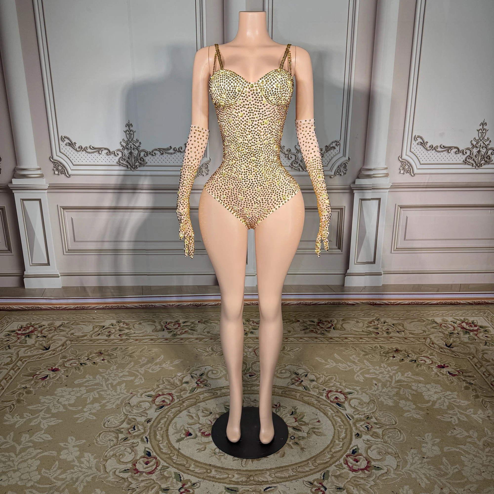 

ZD Wholesale Clothing 2024 Transparent Sexy Bodysuit Rhinestone Women's Sleeveless Bodysuit With Gloves